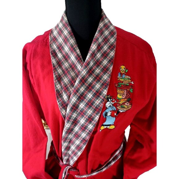 Vintage Warner Bros 1995 Sylvester & Tweety Red Plaid Robe M/L Embroidered Midni - Picture 9 of 9